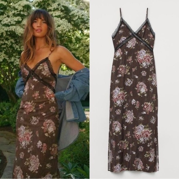 NWT BROCK COLLECTION X H&M vintage brown floral v neck maxi dress with lace - Picture 1 of 5